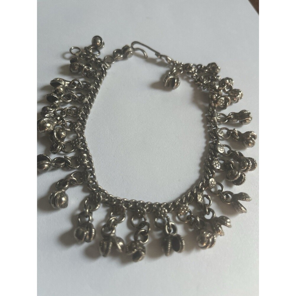 Silver Tone Dangling Charm Bracelet Boho Cluster Bead Bell Fringe Statement